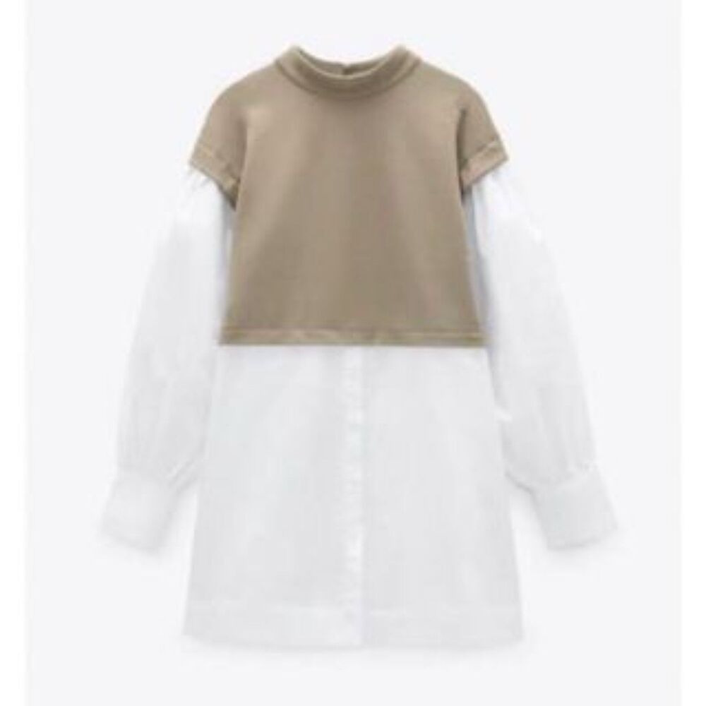 NWOT ZARA Contrast Poplin Top, Taupe/White, Size M